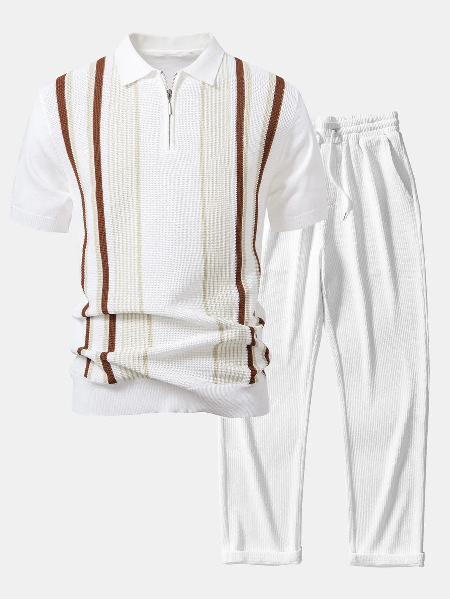 Knit Polo Shirt with Zipper & Straight-Leg Ribbed Pants