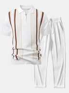 Knit Polo Shirt with Zipper & Straight-Leg Ribbed Pants