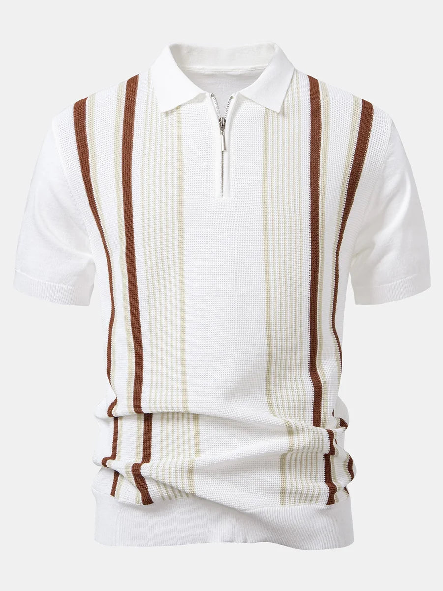 Knit Polo Shirt with Zipper & Straight-Leg Ribbed Pants