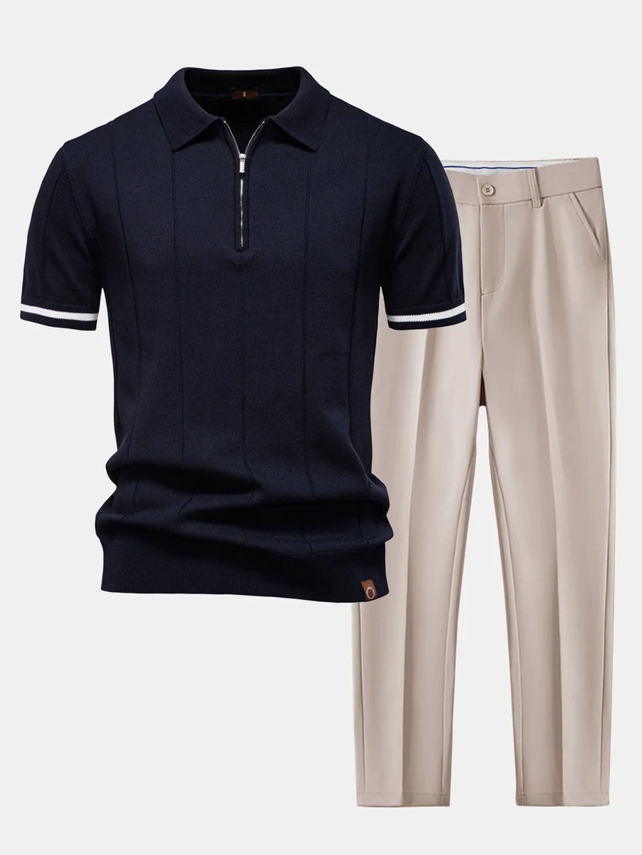 Knit Polo with Zipper and Contrast Trim & Slim Tapered Pants