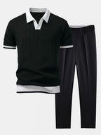 Knit Polo Shirt with Textured Contrast and Slim Tapered Fit Pants