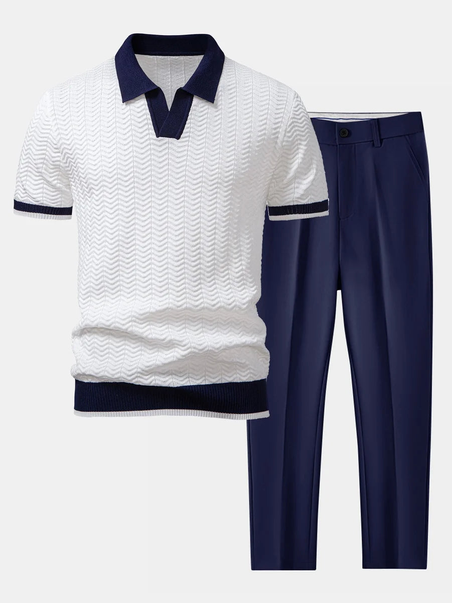 Knit Polo Shirt with Textured Contrast and Slim Tapered Fit Pants