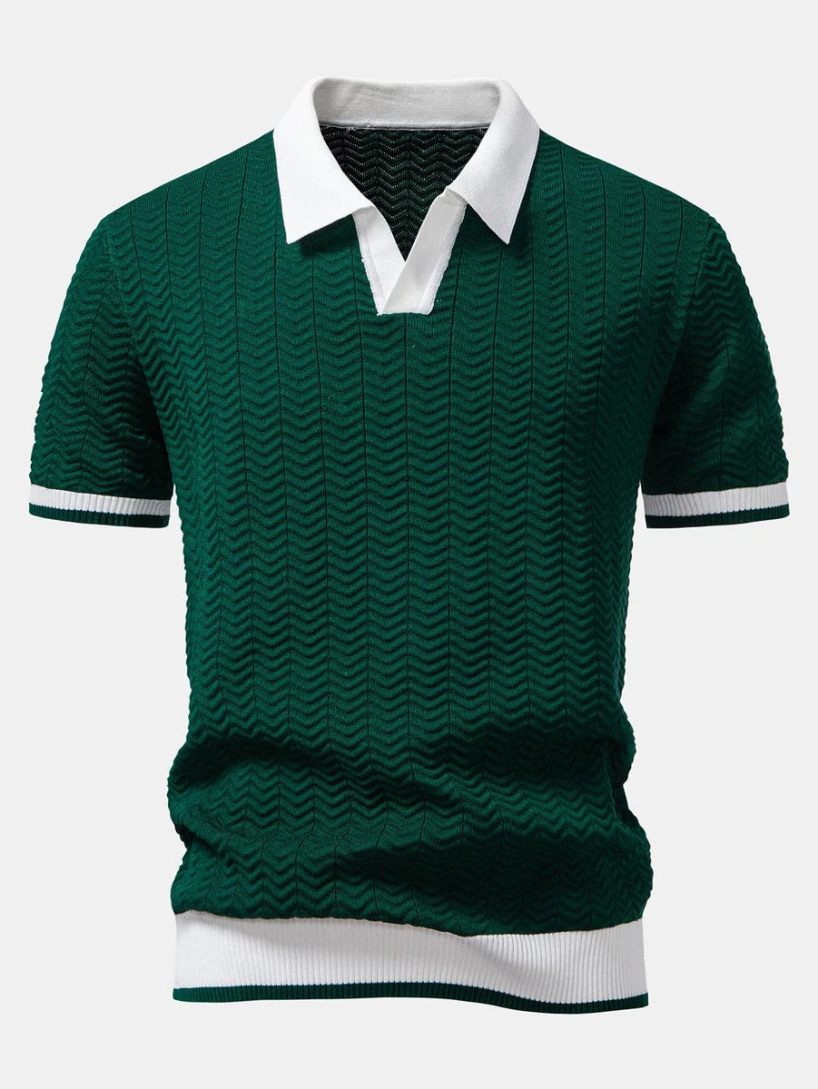 Knit Polo Shirt with Textured Contrast and Slim Tapered Fit Pants