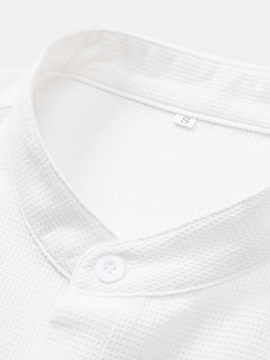 Waffle Texture Shirt with Mandarin Collar