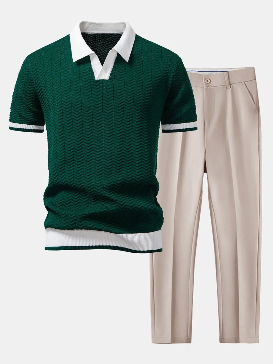 Knit Polo Shirt with Textured Contrast and Slim Tapered Fit Pants