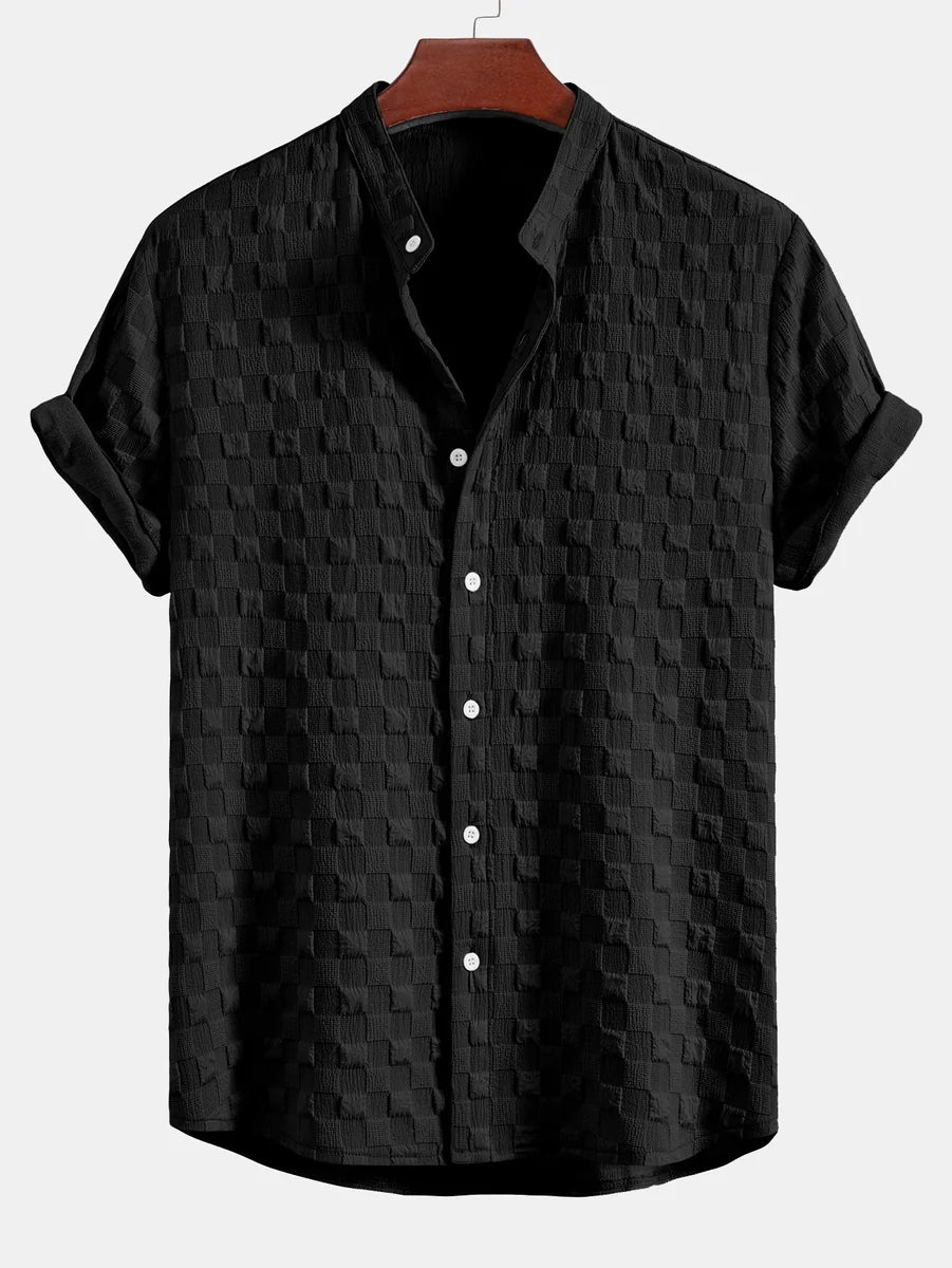 Plaid Jacquard Shirt with Mandarin Collar