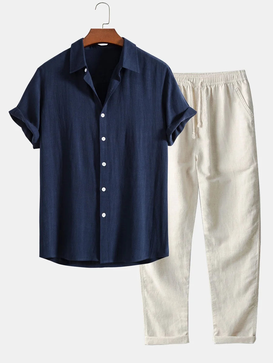 Linen Rayon Blend Button Shirt and Straight-Leg Linen Pants