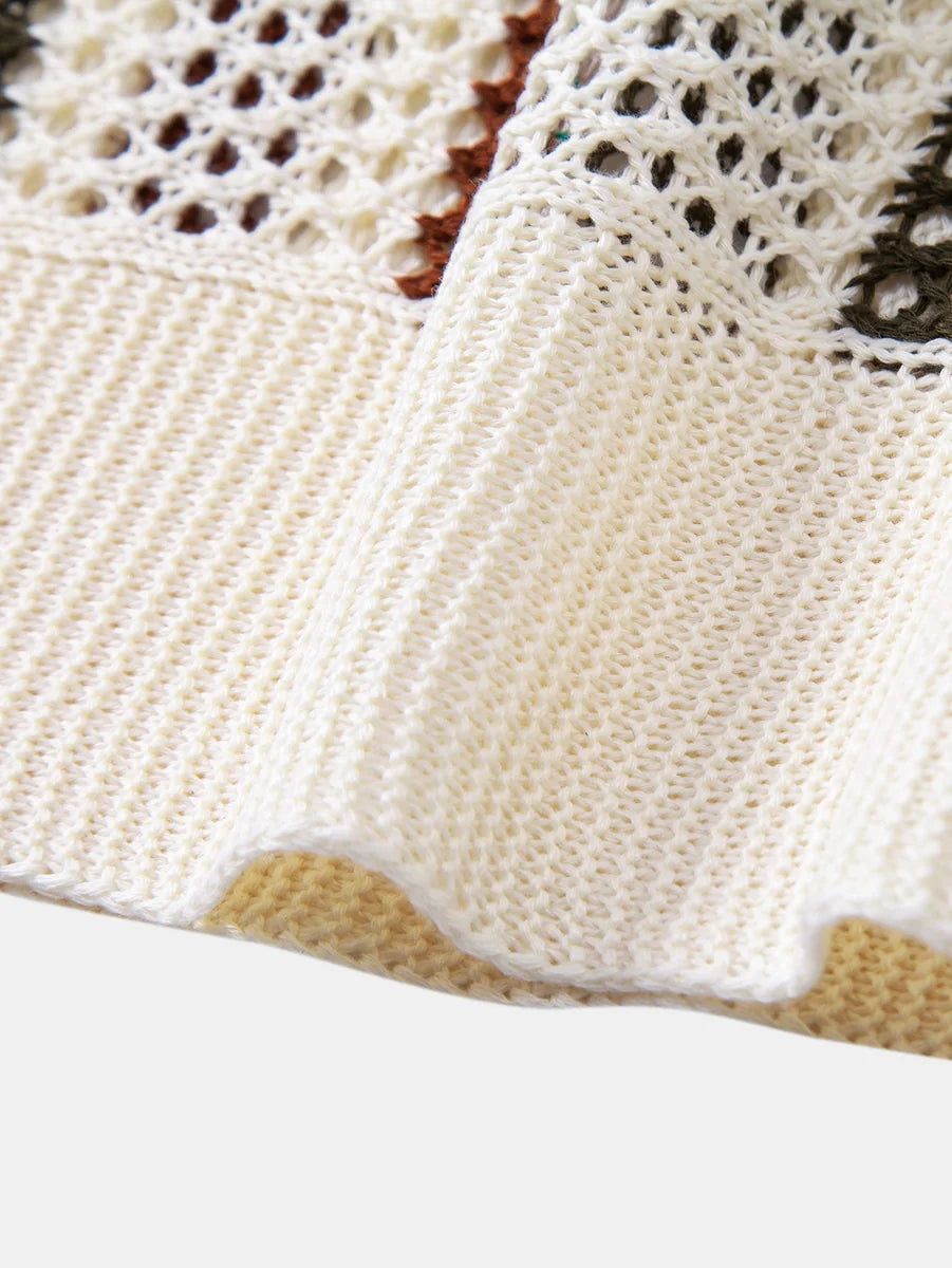 Striped Crochet Polo with V-Neck and Straight-Leg Linen Pants