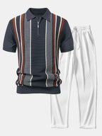 Knit Polo Shirt with Zipper & Straight-Leg Ribbed Pants