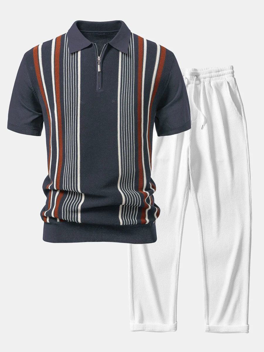 Knit Polo Shirt with Zipper & Straight-Leg Ribbed Pants