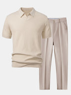 Jacquard Knit Polo with V-Neck and Slim Tapered Pants