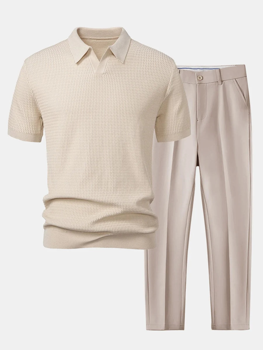 Jacquard Knit Polo with V-Neck and Slim Tapered Pants