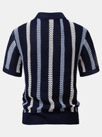 Striped Crochet Polo with V-Neck and Straight-Leg Linen Pants