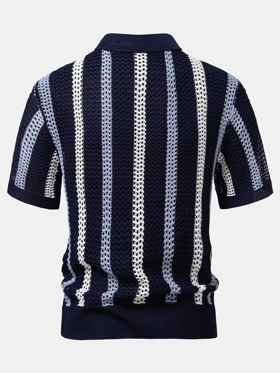 Striped Crochet Polo with V-Neck and Straight-Leg Linen Pants
