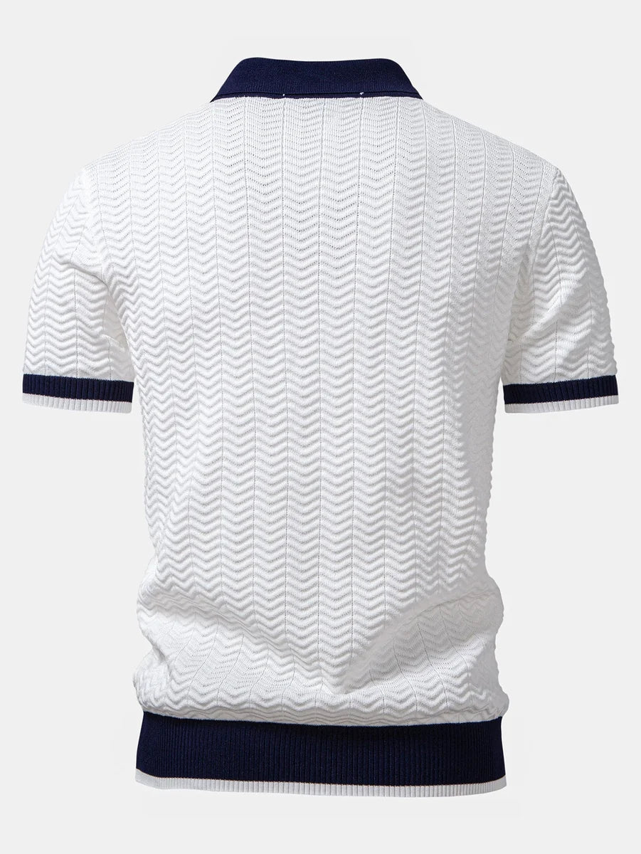 Knit Polo Shirt with Textured Contrast and Slim Tapered Fit Pants
