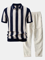 Striped Eyelet Knit Polo Shirt and Straight-Leg Linen Pants with Zipper