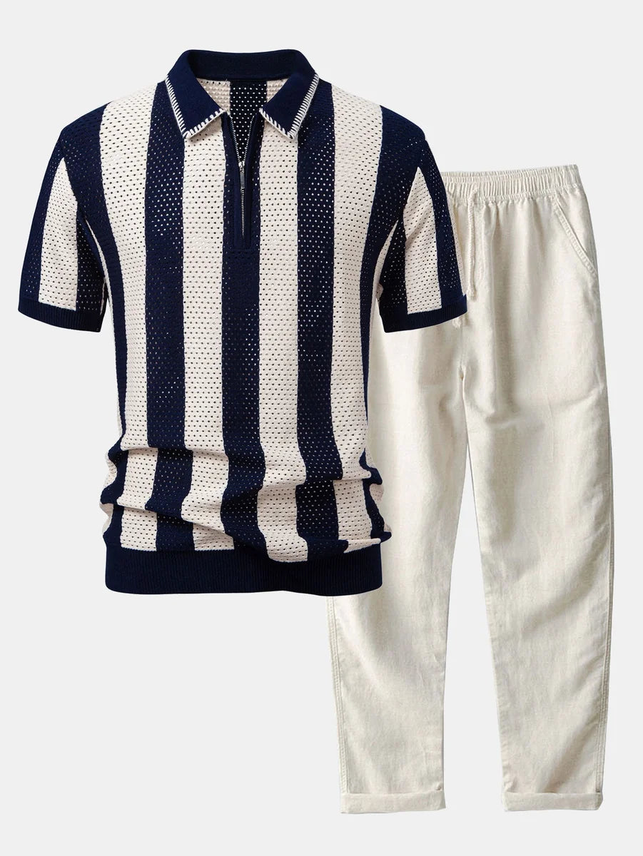 Striped Eyelet Knit Polo Shirt and Straight-Leg Linen Pants with Zipper