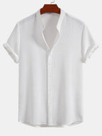 Waffle Texture Shirt with Mandarin Collar