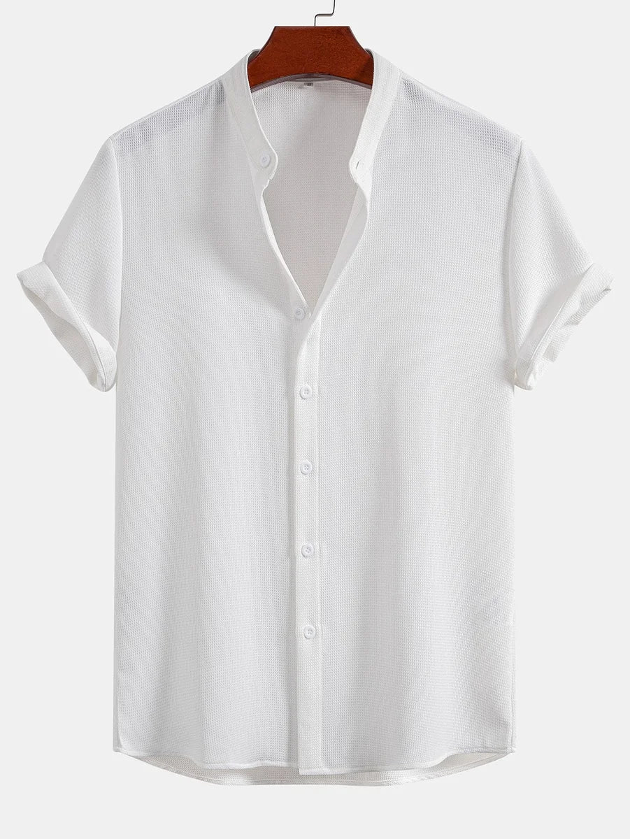 Waffle Texture Shirt with Mandarin Collar