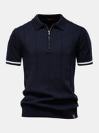 Knit Polo with Zipper and Contrast Trim & Slim Tapered Pants