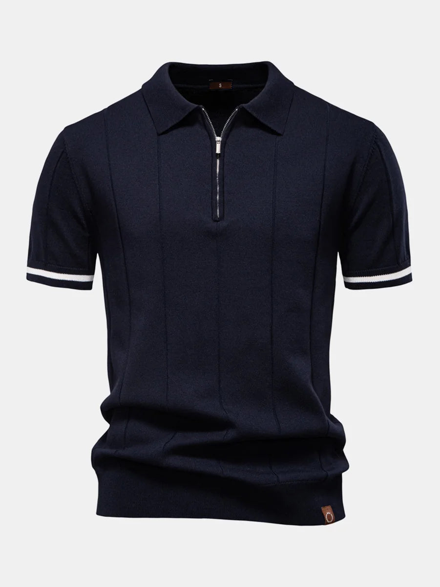 Knit Polo with Zipper and Contrast Trim & Slim Tapered Pants