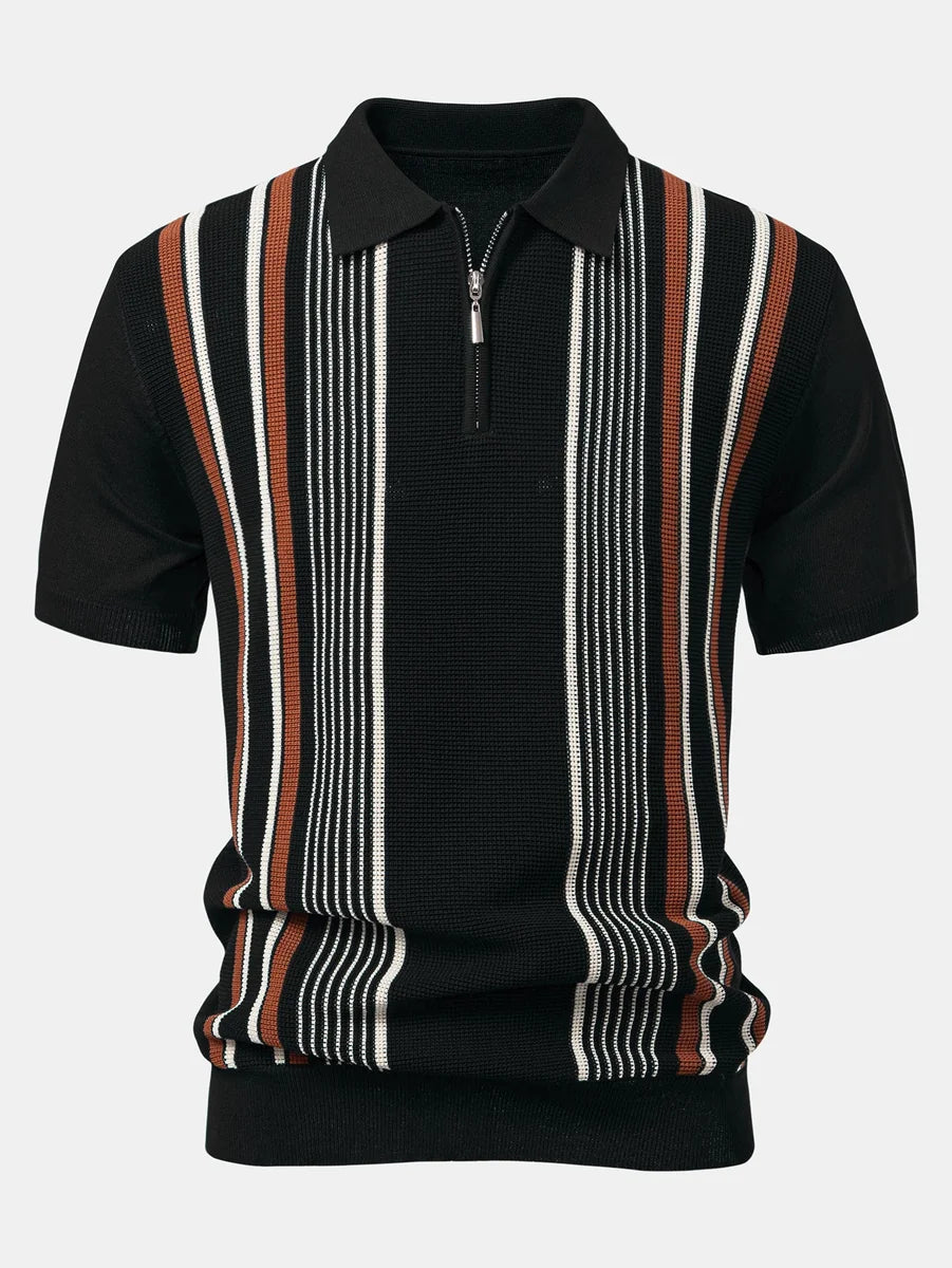 Knit Polo Shirt with Zipper & Straight-Leg Ribbed Pants