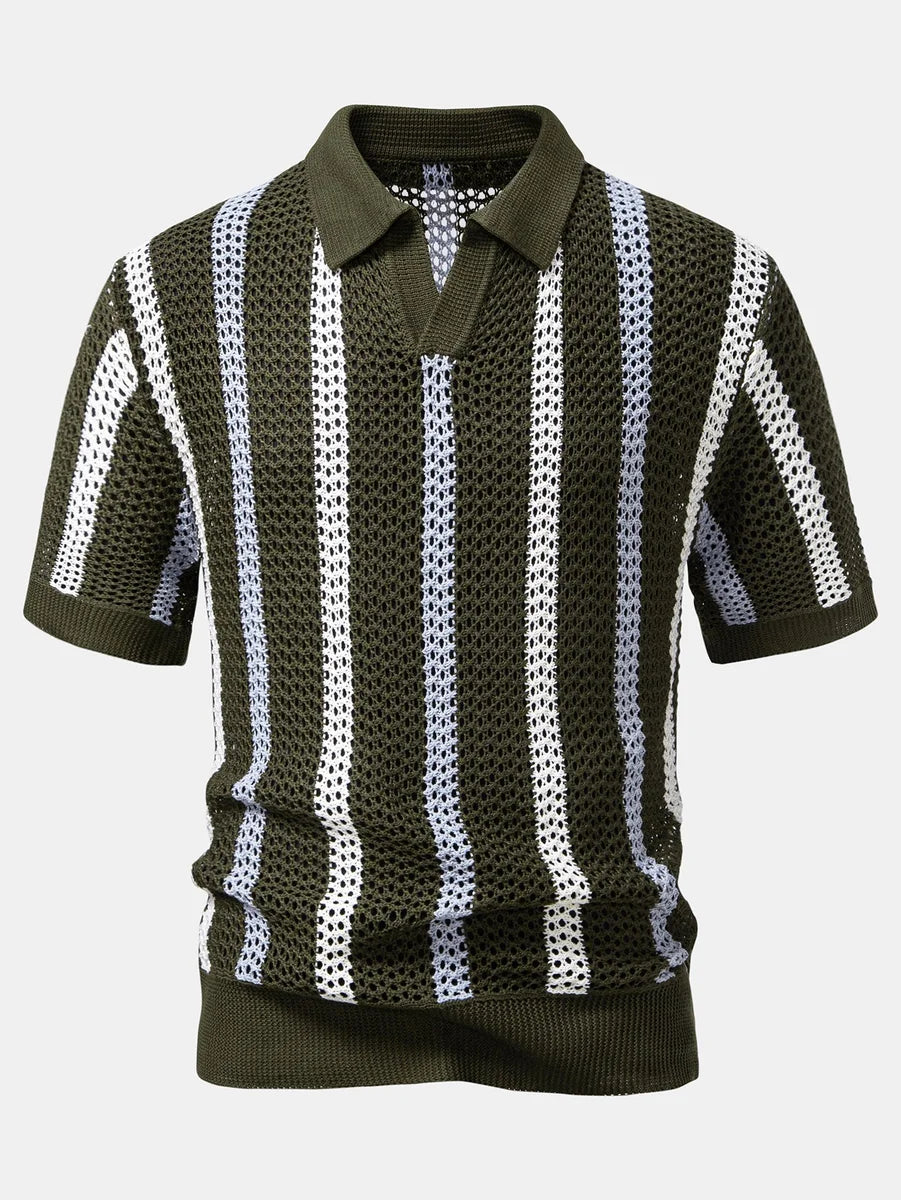 Striped Crochet Polo with V-Neck and Straight-Leg Linen Pants