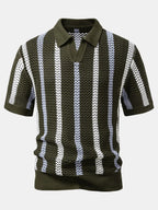Striped Crochet Polo with V-Neck and Straight-Leg Linen Pants