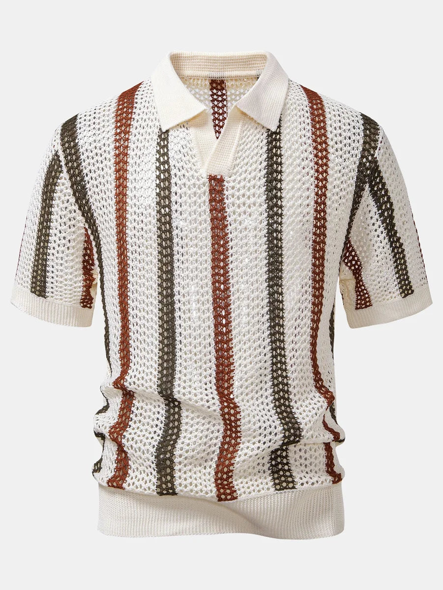 Striped Crochet Polo with V-Neck and Straight-Leg Linen Pants