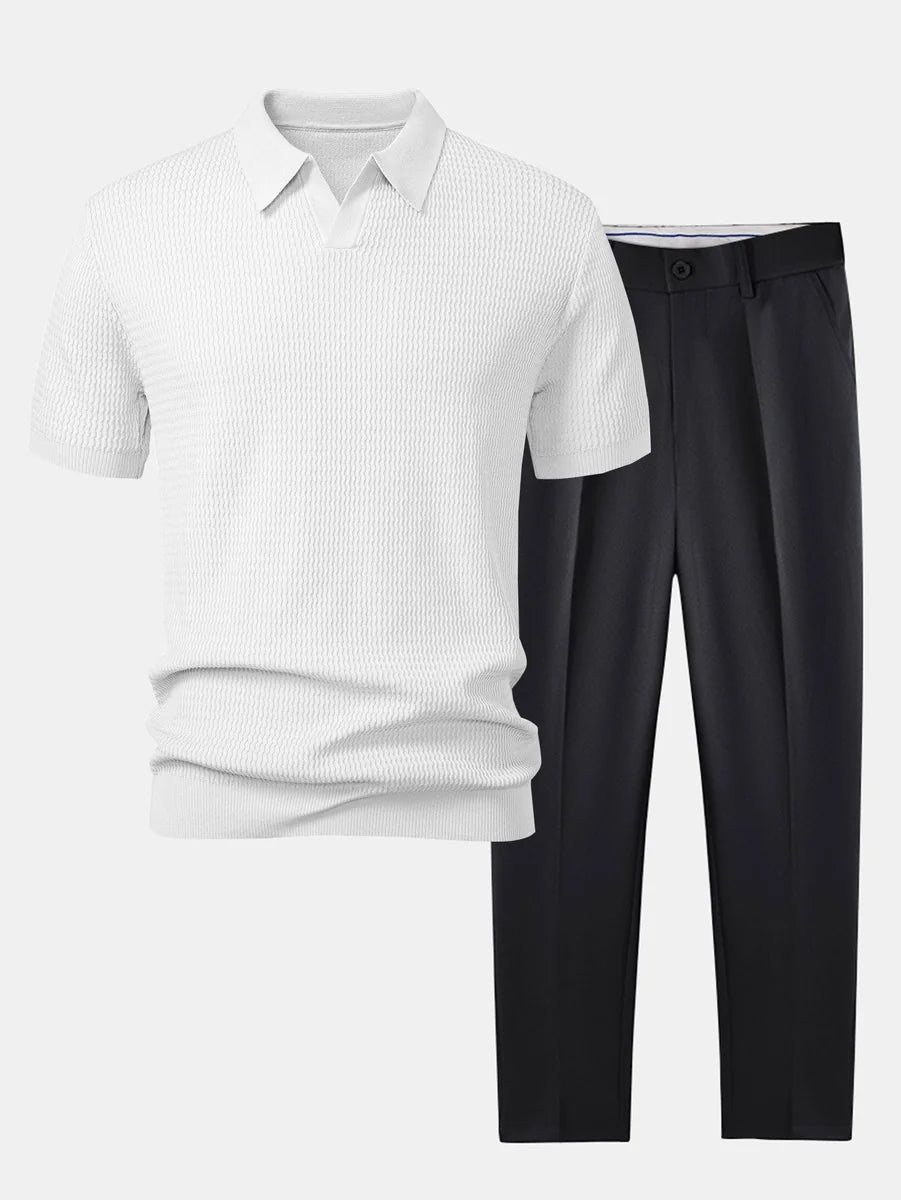 Jacquard Knit Polo with V-Neck and Slim Tapered Pants