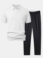 Jacquard Knit Polo with V-Neck and Slim Tapered Pants