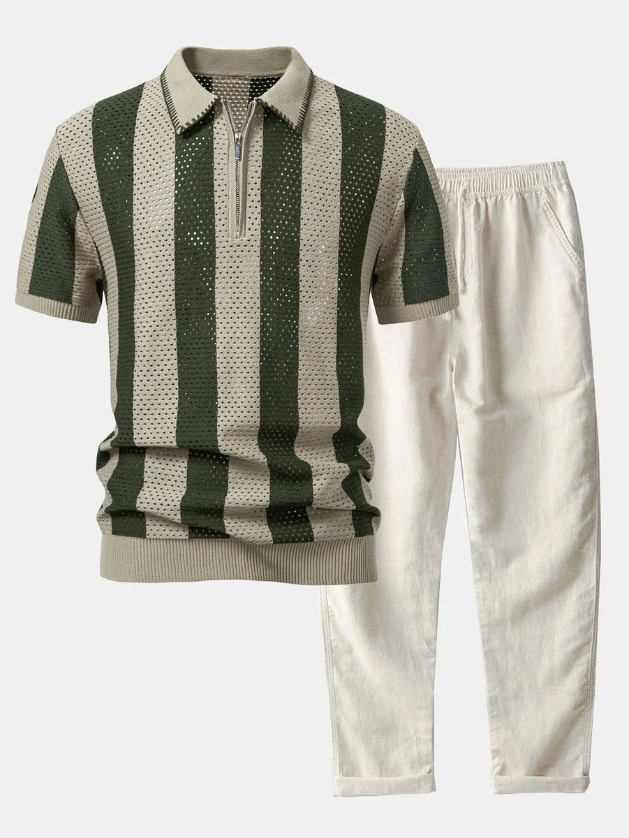 Striped Eyelet Knit Polo Shirt and Straight-Leg Linen Pants with Zipper