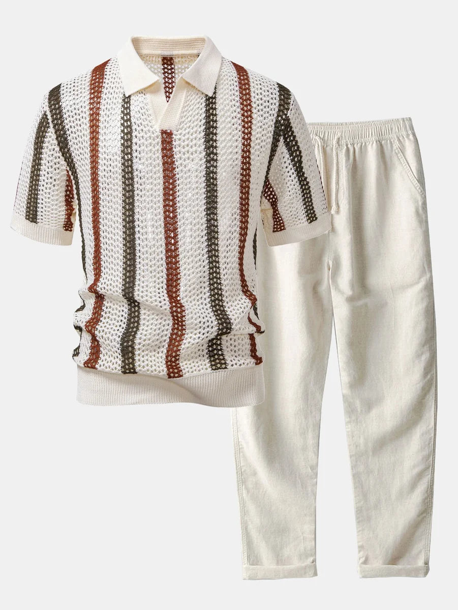 Striped Crochet Polo with V-Neck and Straight-Leg Linen Pants