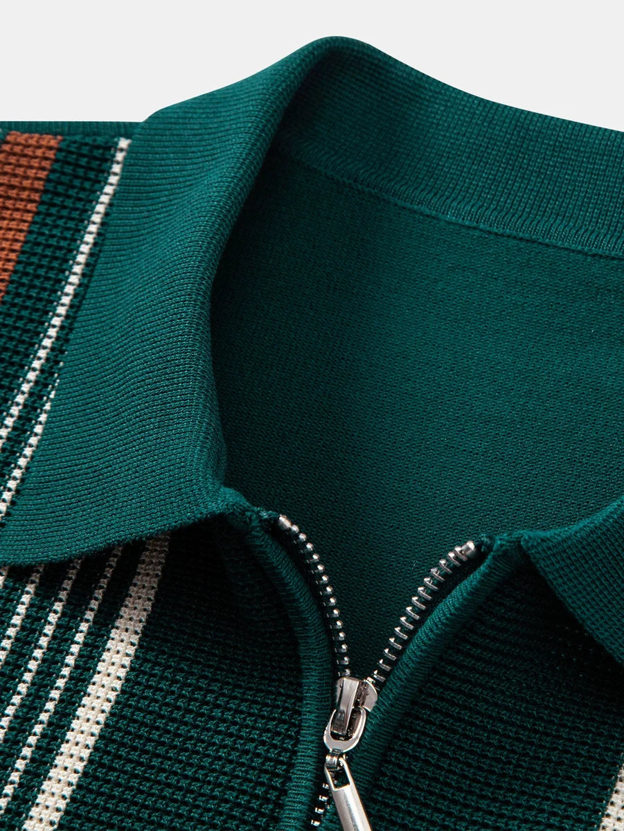 Knit Polo Shirt with Zipper & Straight-Leg Ribbed Pants