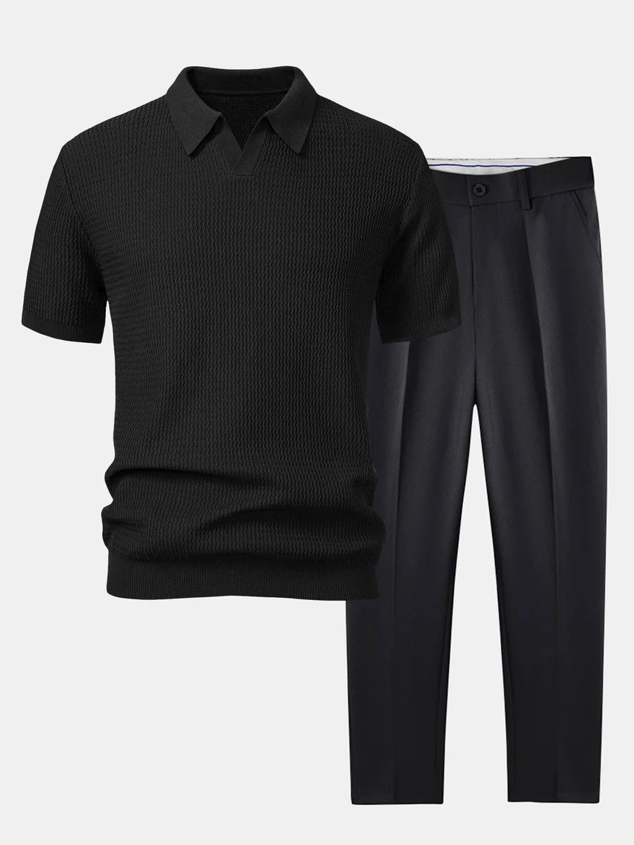Jacquard Knit Polo with V-Neck and Slim Tapered Pants