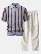 Striped Crochet Polo with V-Neck and Straight-Leg Linen Pants