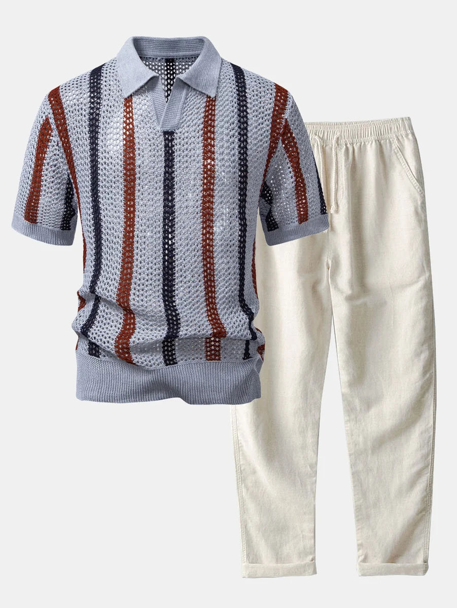 Striped Crochet Polo with V-Neck and Straight-Leg Linen Pants