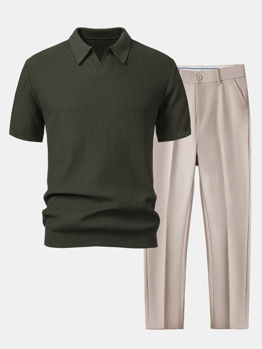 Jacquard Knit Polo with V-Neck and Slim Tapered Pants
