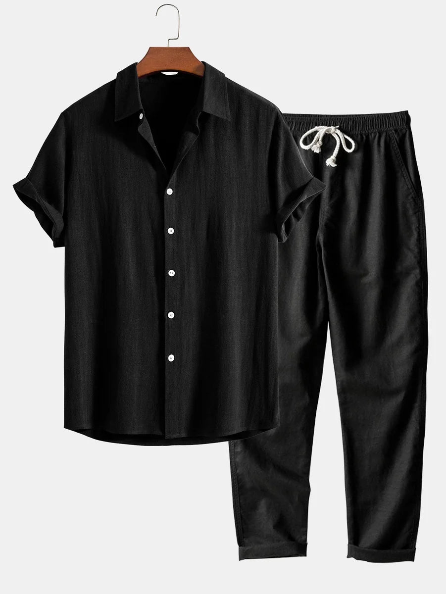 Linen Rayon Blend Button Shirt and Straight-Leg Linen Pants