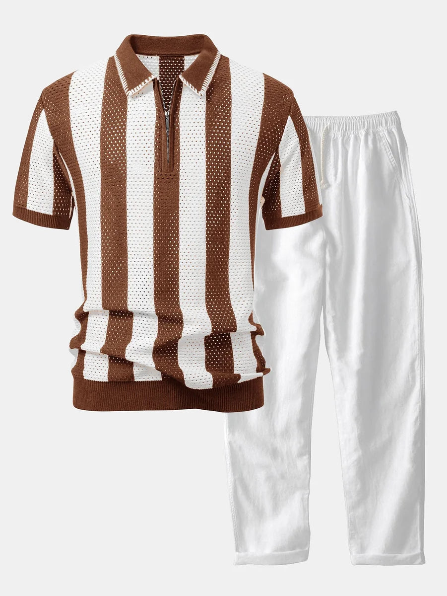 Striped Eyelet Knit Polo Shirt and Straight-Leg Linen Pants with Zipper