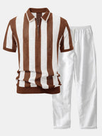 Striped Eyelet Knit Polo Shirt and Straight-Leg Linen Pants with Zipper