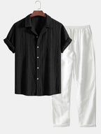 Geometric Jacquard Cuban Shirt and Straight-Leg Linen Pants