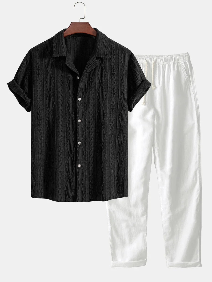 Geometric Jacquard Cuban Shirt and Straight-Leg Linen Pants