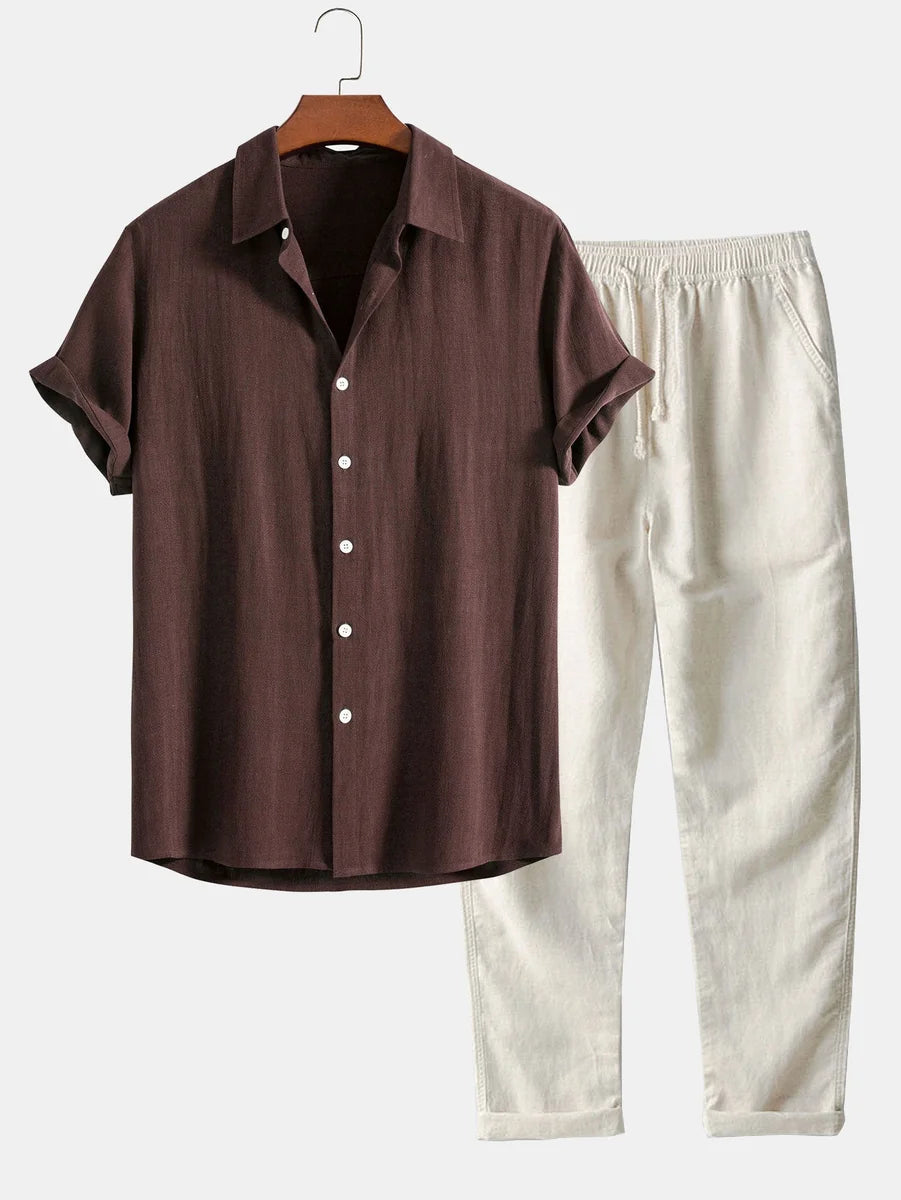 Linen Rayon Blend Button Shirt and Straight-Leg Linen Pants