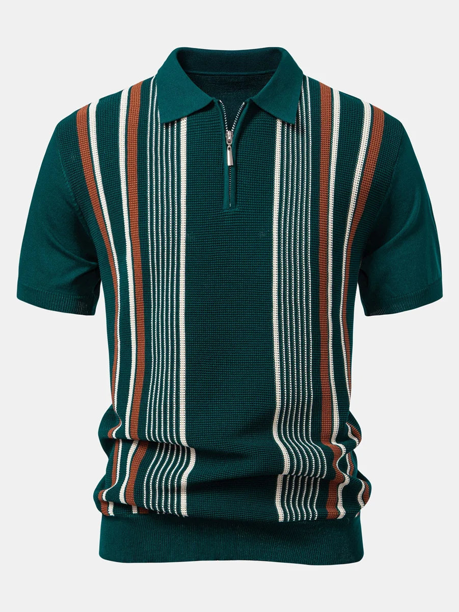 Knit Polo Shirt with Zipper & Straight-Leg Ribbed Pants