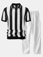 Striped Eyelet Knit Polo Shirt and Straight-Leg Linen Pants with Zipper