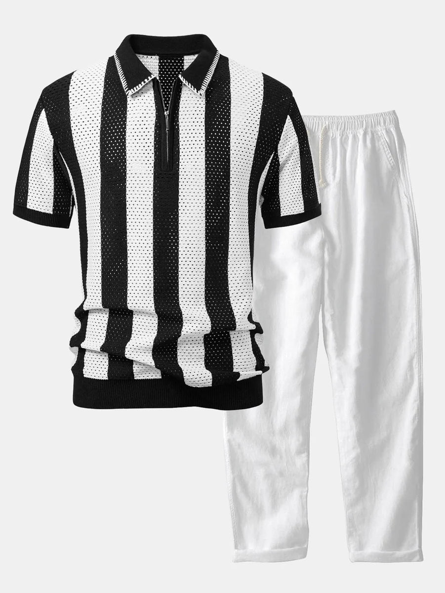 Striped Eyelet Knit Polo Shirt and Straight-Leg Linen Pants with Zipper