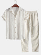 Geometric Jacquard Cuban Shirt and Straight-Leg Linen Pants