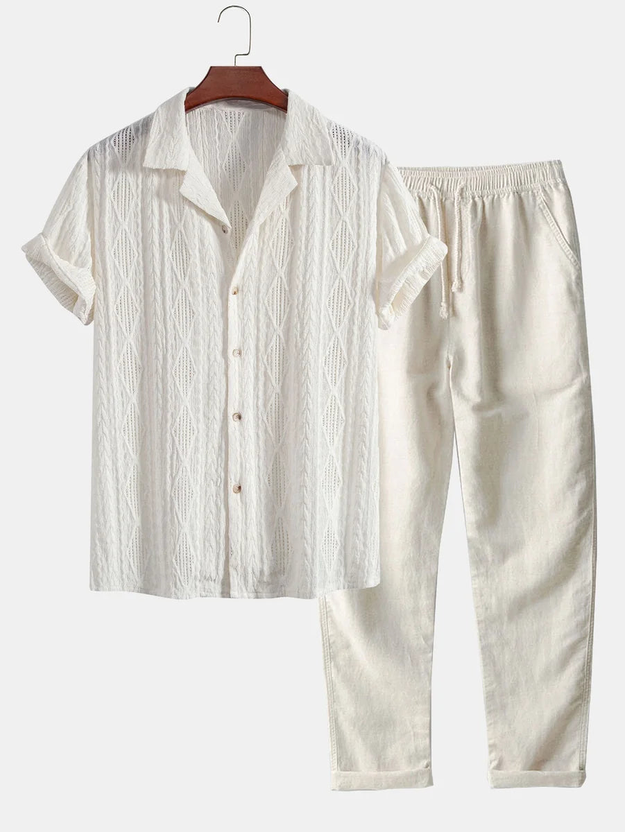 Geometric Jacquard Cuban Shirt and Straight-Leg Linen Pants
