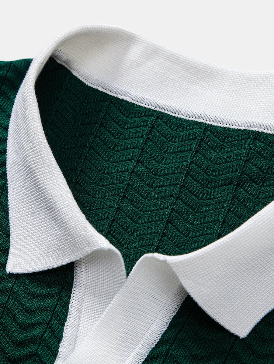 Knit Polo Shirt with Textured Contrast and Slim Tapered Fit Pants